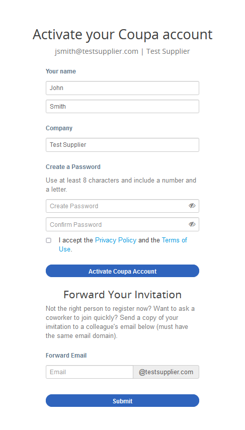 Screenshot of Supplier Activation form