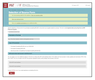 screen shot Selection of Source form page on vpf website